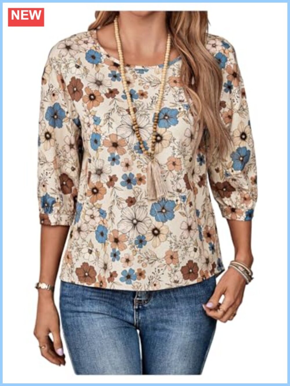 Boho Floral Print 3/4 Sleeve Blouse Crew Neck Casual Vacation Top